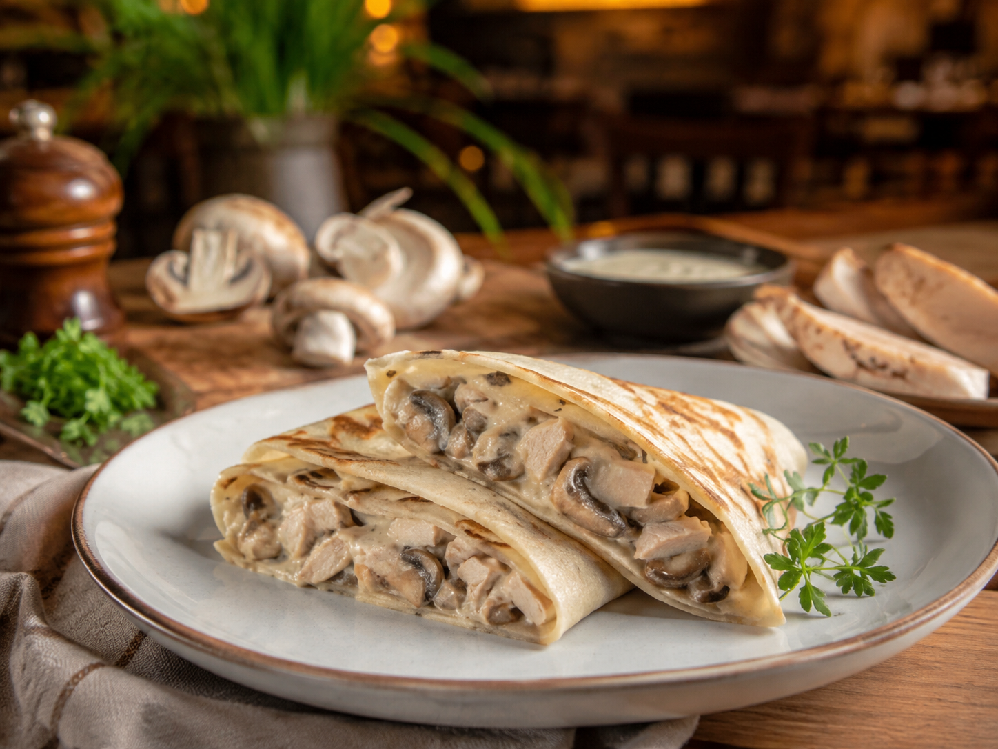 Блины с курицей грибами и сливочным соусом
